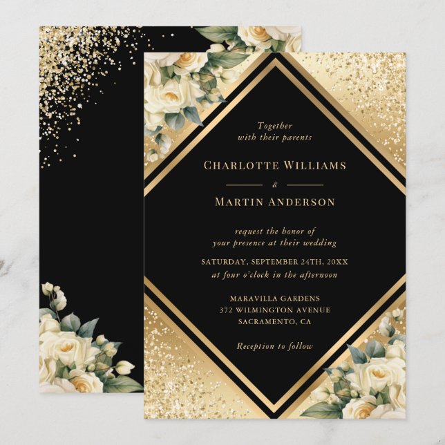 Invitation Mariage floral ivoire Confetti en or noir géométri (Devant / Derrière)