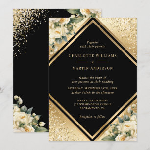 Invitation Mariage floral ivoire Confetti en or noir géométri