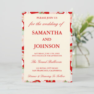 Invitation Mariage Floral Ivoire Vintage Rouge Moderne