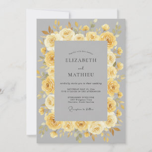Invitation Mariage Floral Jaune Doré Raffiné