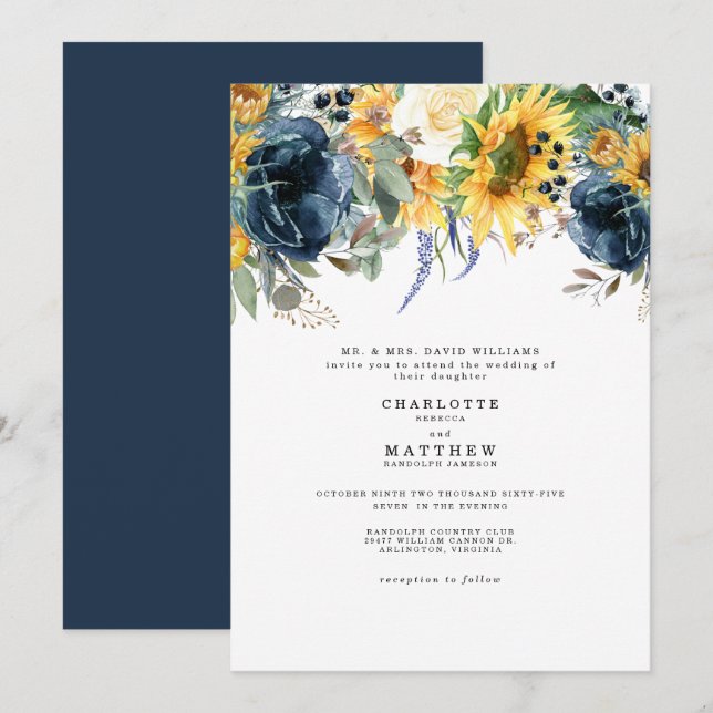 Invitation Mariage floral jaune et marine (Devant / Derrière)