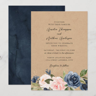 Invitation Mariage Floral Kraft Rustique Navy Blush