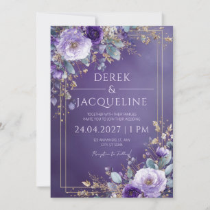 Invitation Mariage Floral Lavande Violet Royal Feuille D'Or