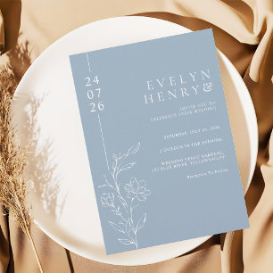 Invitation Mariage Floral Ligne Moderne Bleu Poussiéreux