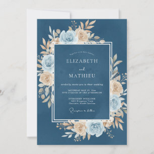 Invitation Mariage Floral Luxueux Bleu Acier