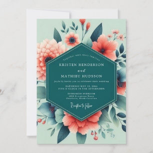 Invitation Mariage Floral Luxuriant Sarcelle Corail