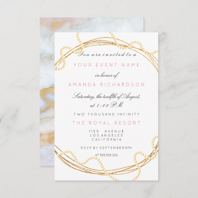 Invitation Mariage Floral Marbre Anniversaire Or Blanc Perles (Devant / Derrière)