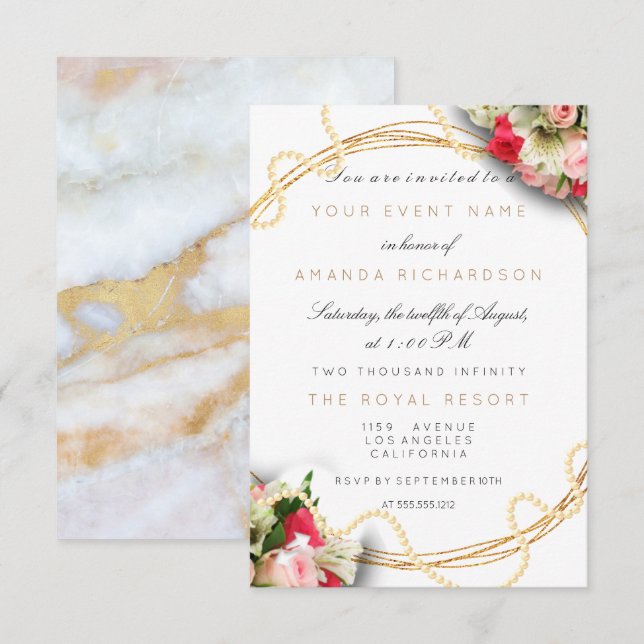 Invitation Mariage Floral Marbre Anniversaire Or Rose Perles (Devant / Derrière)