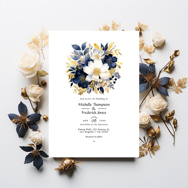 Invitation Mariage floral marine, blanc et or (Créateur téléchargé)