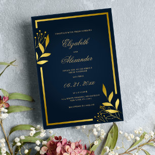 Invitation Mariage floral marine de luxe feuillage bleu or bl