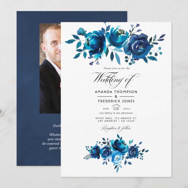 Invitation Mariage floral marine et blanc (Devant / Derrière)