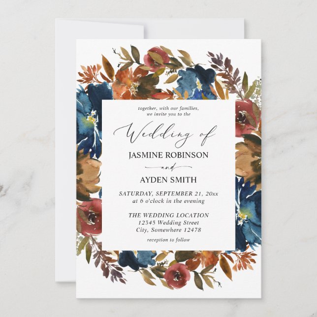 Invitation Mariage floral marine, orange et automne Brown (Devant)