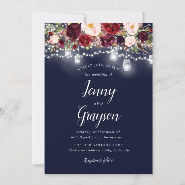 Invitation Mariage Floral Mason Jar de la marine de Bourgogne (Devant)