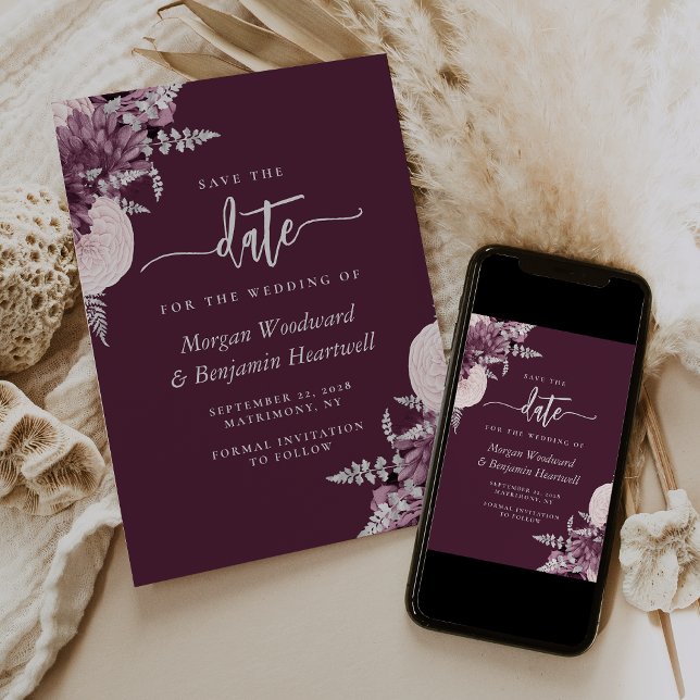 Invitation Mariage floral Mauve Argent Enregistrer la date (Créateur téléchargé)