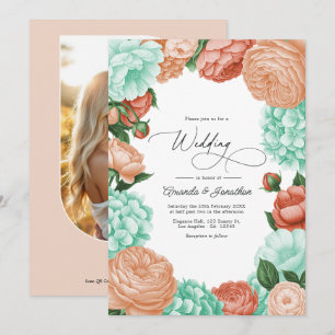 Invitation Mariage Floral Menthe Douce, Abricot et Corail Cha