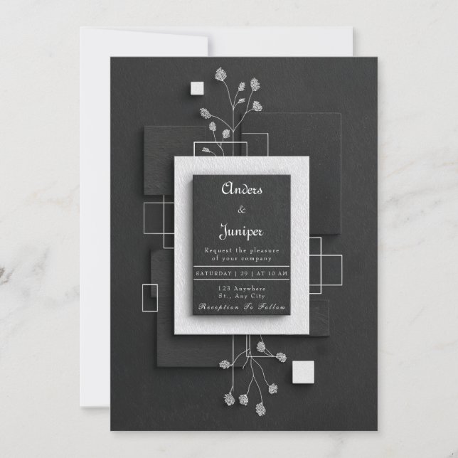 Invitation Mariage floral minimaliste moderne noir et blanc (Devant)
