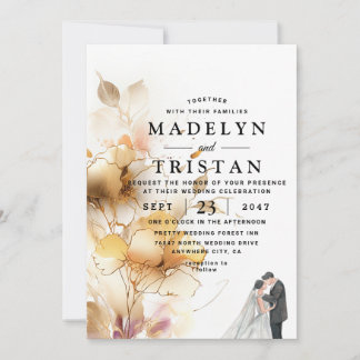 Invitation Mariage Floral Minimaliste Rustique Blanc et Doré