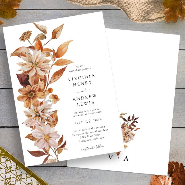 Invitation Mariage floral moderne automne (Fall Modern Floral Wedding Invitation back Monogram by Painted Paperie
)