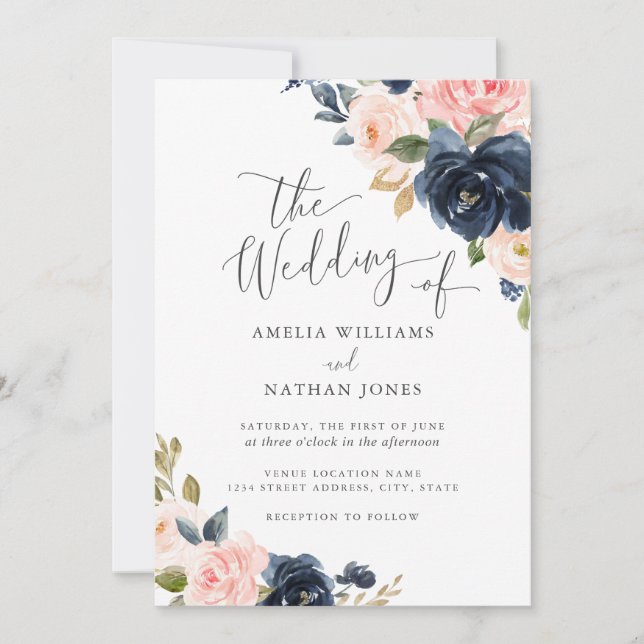 Invitation Mariage floral moderne Blush Navy (Devant)