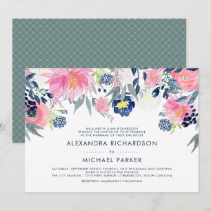 Invitation Mariage floral moderne Blush Rose et Navy