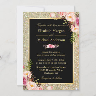Invitation Mariage floral moderne brillant or