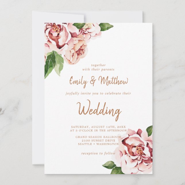 Invitation Mariage floral moderne de Blush Peonies (Devant)