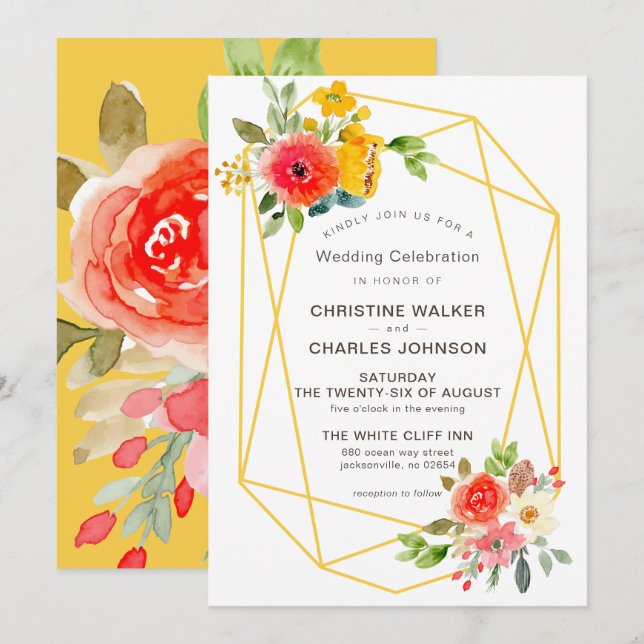 Invitation Mariage floral moderne de printemps géométrique or (Devant / Derrière)
