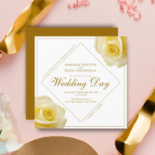 Invitation Mariage Floral Moderne Écriture Dorée Rose Jaune