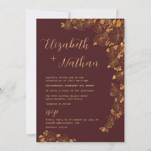 Invitation Mariage floral moderne Elégant Bourgogne Gold