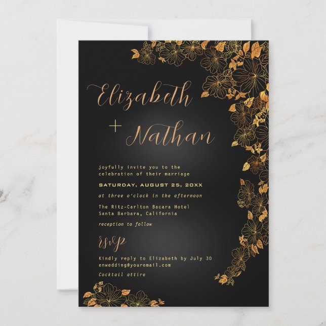 Invitation Mariage floral moderne élégant noir & or (Devant)