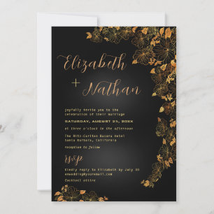 Invitation Mariage floral moderne élégant noir & or