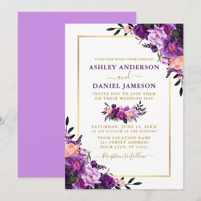 Invitation Mariage floral moderne Elégant or violet (Devant / Derrière)