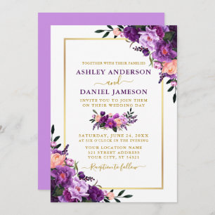 Invitation Mariage floral moderne Elégant or violet