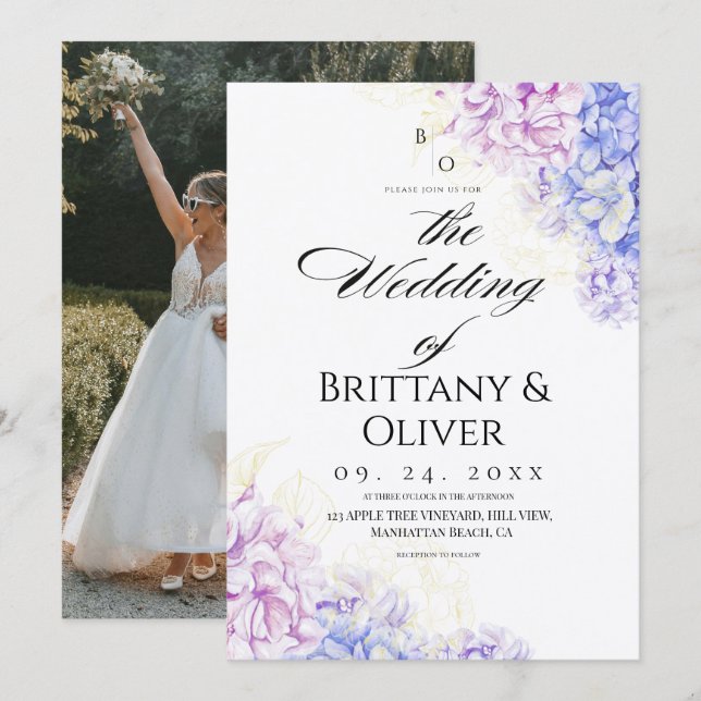 Invitation Mariage Floral Moderne Lilas & Bleu de Printemps (Devant / Derrière)