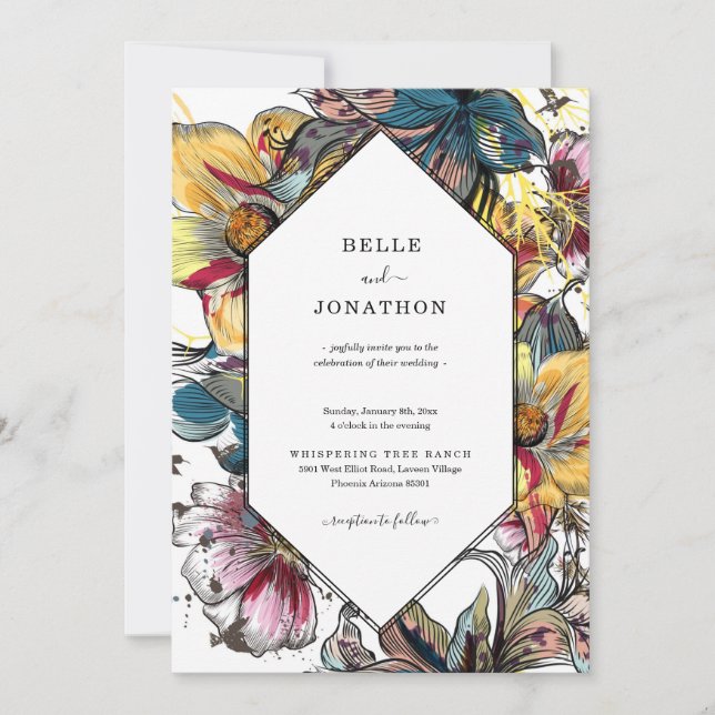 Invitation Mariage floral moderne rétro (Devant)