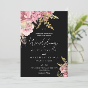 Invitation Mariage Floral Moderne Rose Pâle et Or Noir
