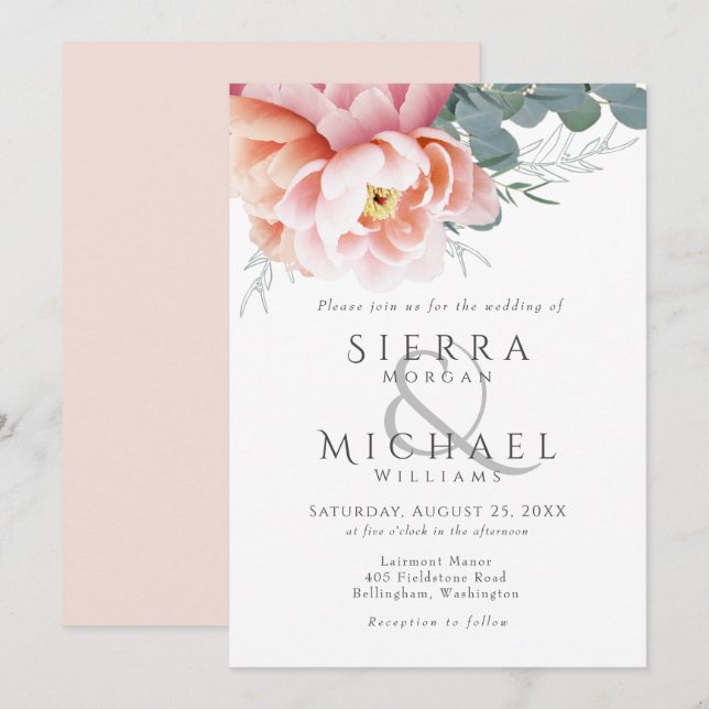 Invitation Mariage floral moderne rose pâle rose rose (Devant / Derrière)