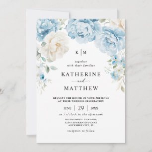 Invitation Mariage Floral Monogram Bleu Poussiéreux Champagne