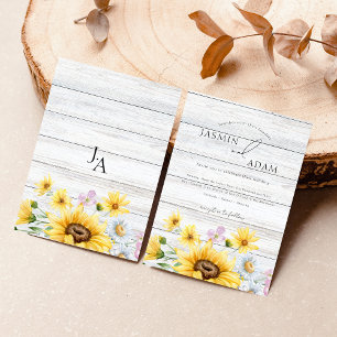 Invitation Mariage Floral Monogramme Tournesol Bois Rustique