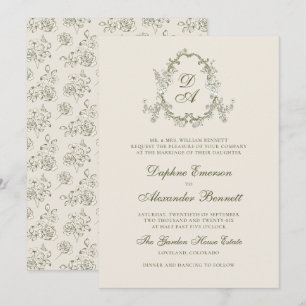 Invitation Mariage Floral Monogrammé Vert Vintage