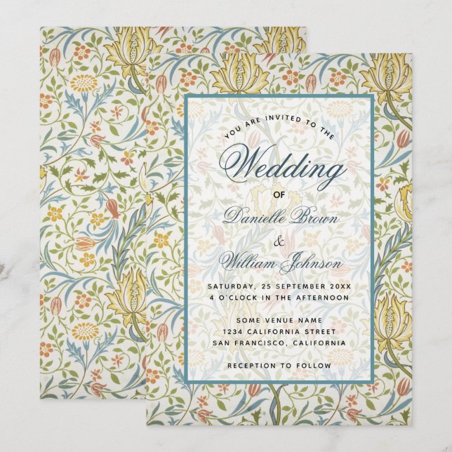 Invitation Mariage Floral Morris Motif Élégant Script (Devant / Derrière)