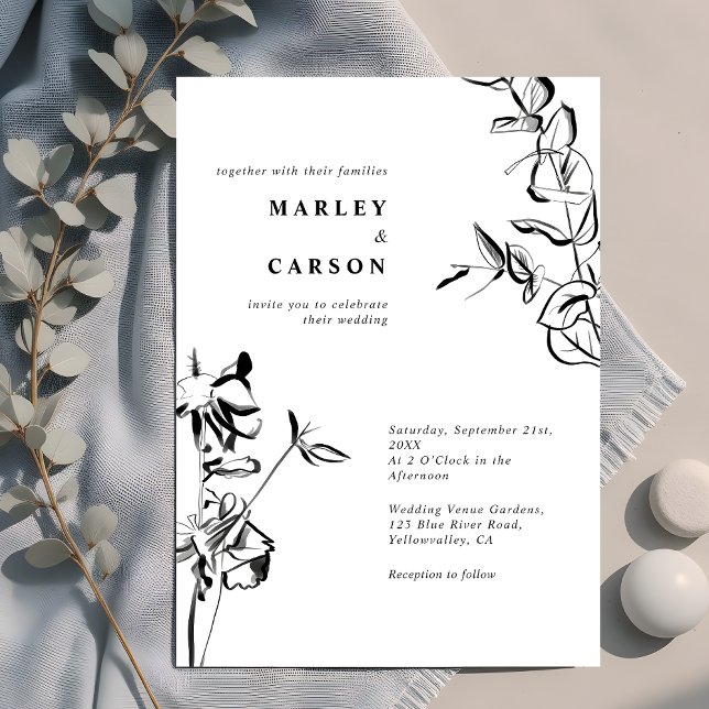 Invitation Mariage floral noir blanc dessiné à la main (Créateur téléchargé)