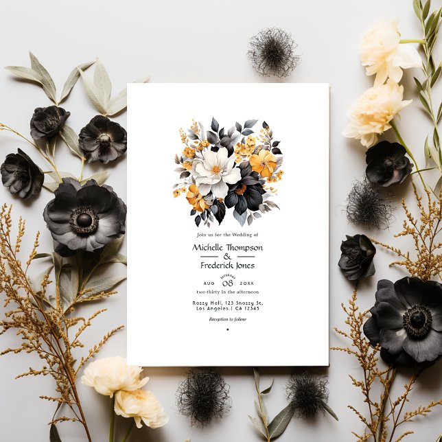 Invitation Mariage floral noir, blanc et or (Créateur téléchargé)