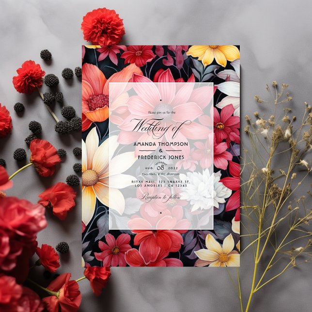 Invitation Mariage floral noir, blanc et rouge (Créateur téléchargé)