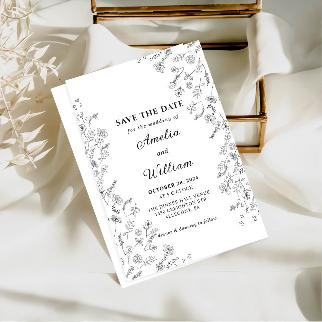 Invitation Mariage Floral noir blanc moderne minimaliste (Créateur téléchargé)