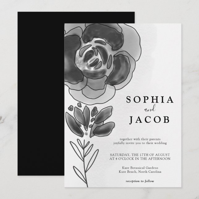 Invitation Mariage floral noir et blanc (Devant / Derrière)