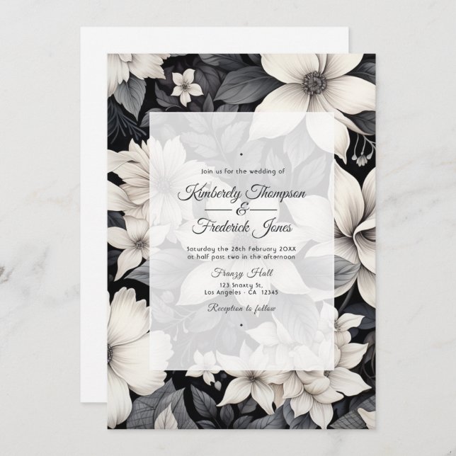 Invitation Mariage floral noir et blanc (Devant / Derrière)