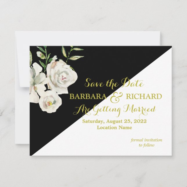Invitation Mariage floral noir et blanc Budget Date d'enregis (Devant)