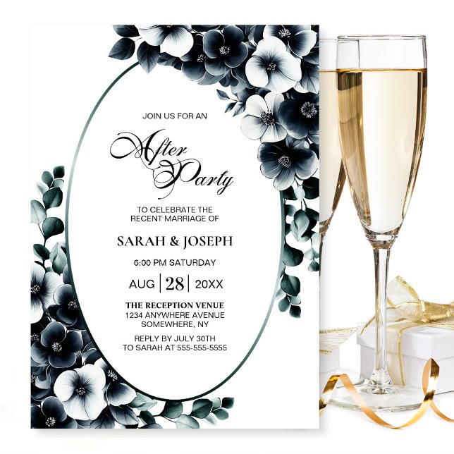 Invitation Mariage floral noir et blanc élégant après la fête (Créateur téléchargé)
