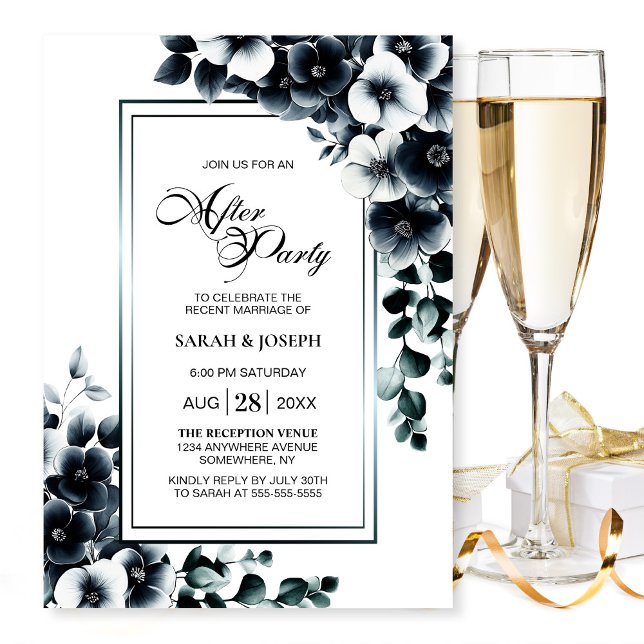 Invitation Mariage floral noir et blanc moderne après la fête (Créateur téléchargé)